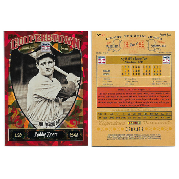 Bobby Doerr 2013 Panini Cooperstown Red Crystal Collection # 43 Baseball Card Ltd Ed of 399