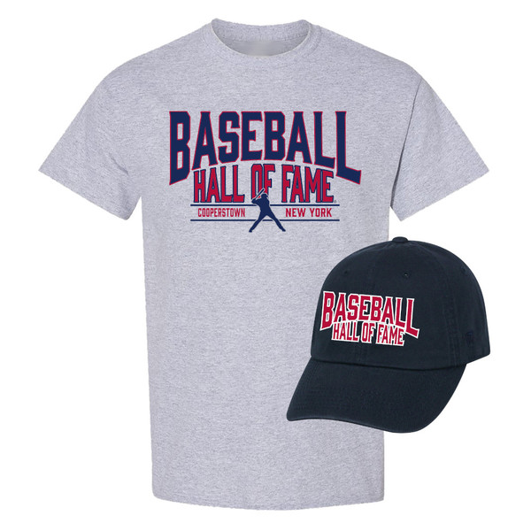 Men’s Baseball Hall of Fame Navy Adjustable Cap and Oxford Grey T-Shirt Bundle