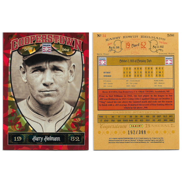 Harry Heilmann 2013 Panini Cooperstown Red Crystal Collection # 34 Baseball Card Ltd Ed of 399