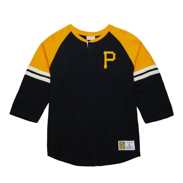 Men’s Mitchell & Ness Pittsburgh Pirates Cooperstown Collection Legendary Black and Yellow 3/4 Sleeve Slub Henley