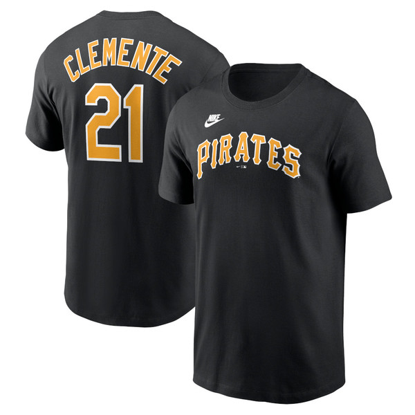 Men’s Nike Roberto Clemente Pittsburgh Pirates Cooperstown Collection Name & Number Black T-Shirt (2024)