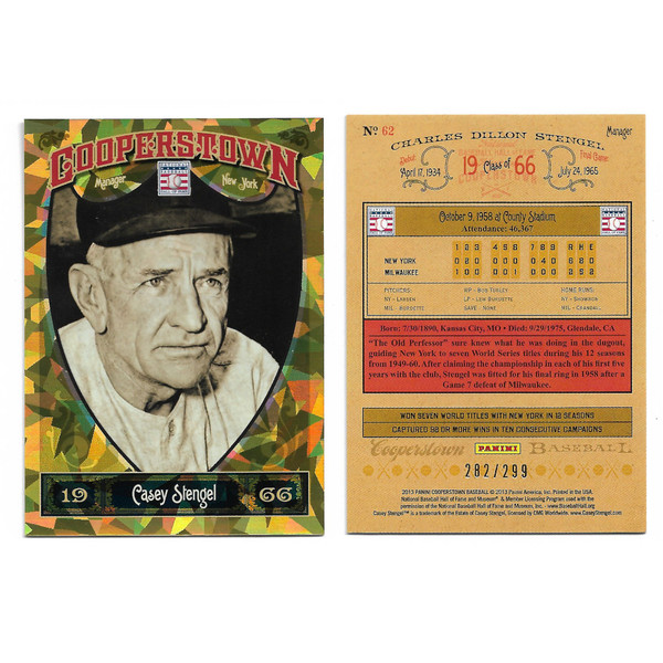 Casey Stengel 2013 Panini Cooperstown Crystal # 62 Ltd Ed of 299