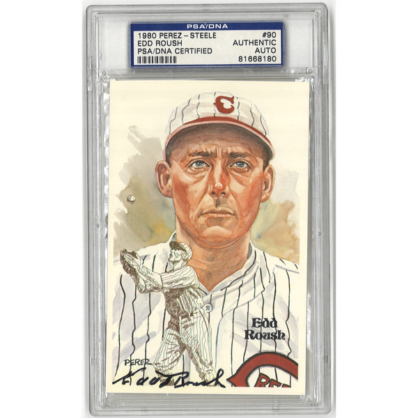 Edd Roush Autographed Perez-Steele HOF Series Postcard # 90 (PSA-80)