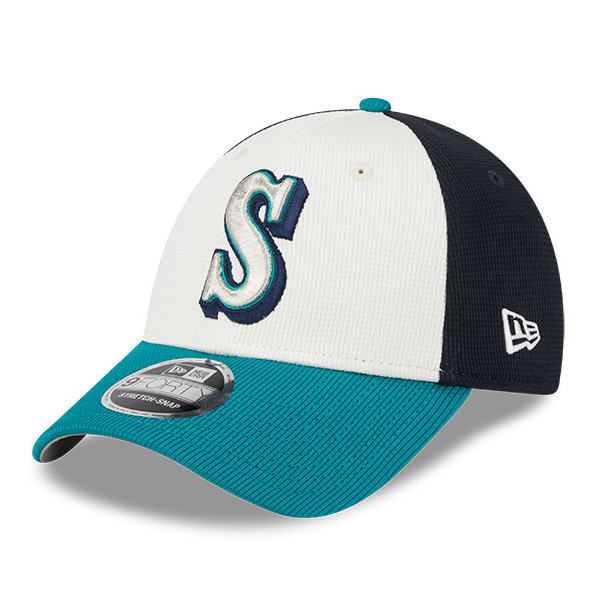 Men's New Era Seattle Mariners White Navy and Teal 2025 Batting Practice 9FORTY M-Crown Adjustable Hat