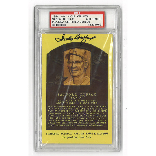 Sandy Koufax Autographed Hall of Fame Plaque Postcard (PSA-89)