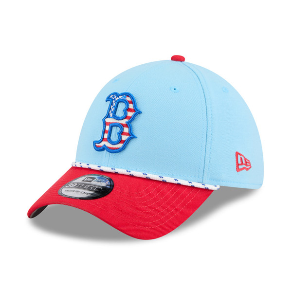 Men’s New Era Boston Red Sox Light Blue and Red 2025 4th of July 39THIRTY Flex Fit Cap