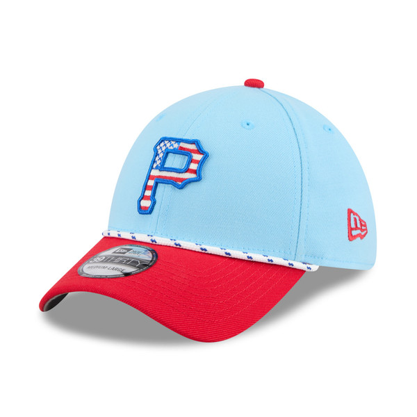 Men’s New Era Pittsburgh Pirates Light Blue and Red 2025 4th of July 39THIRTY Flex Fit Cap