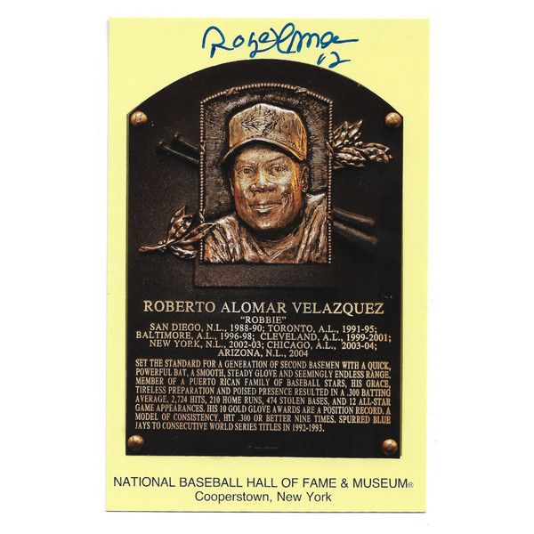Roberto Alomar Autographed Hall of Fame Plaque Postcard (PSA)