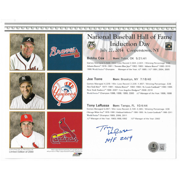 Tony La Russa Autographed 2014 Hall of Fame Induction 8x10 Photocard (Beckett)