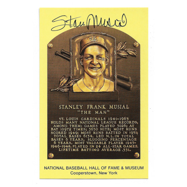Stan Musial Autographed Hall of Fame Plaque Postcard - Pen (STM)