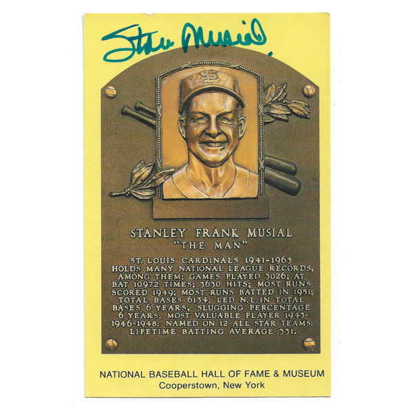 Stan Musial Autographed Hall of Fame Plaque Postcard - Sharpie (STM)