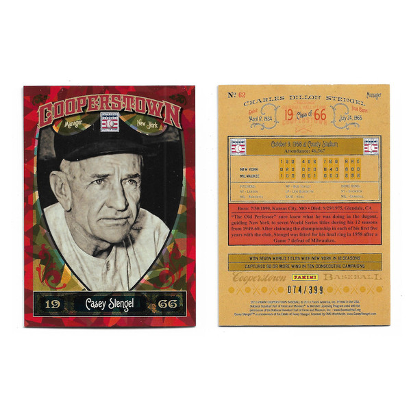 Casey Stengel 2013 Panini Cooperstown Red Crystal Collection # 62 Baseball Card Ltd Ed of 399