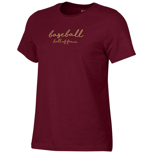 Women’s Baseball Hall of Fame Metallic Script Maroon Crew T-Shirt