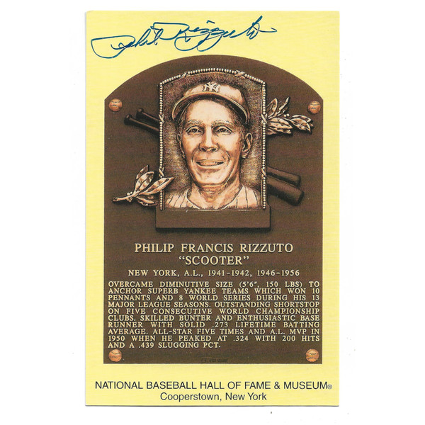 Phil Rizzuto Autographed Hall of Fame Plaque Postcard (PSA-87)