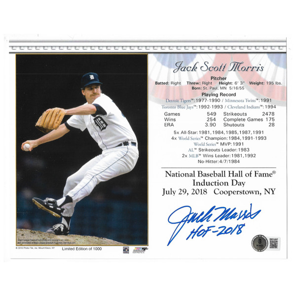 Jack Morris Autographed 2018 Hall of Fame Induction 8x10 Photocard (Beckett)