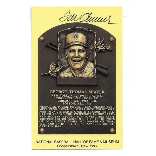 Tom Seaver Autographed Hall of Fame Plaque Postcard (JSA-38)