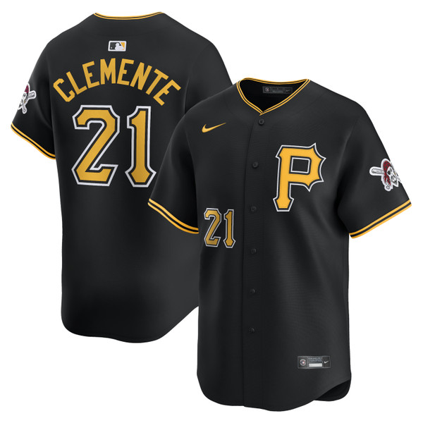 Men’s Nike Roberto Clemente Pittsburgh Pirates Cooperstown Collection Full Button Front Black Replica Jersey