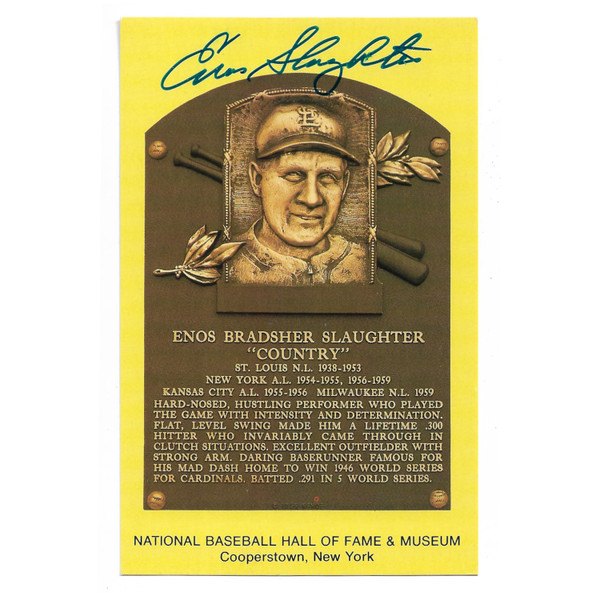 Enos Slaughter Autographed Hall of Fame Plaque Postcard (PSA-85)