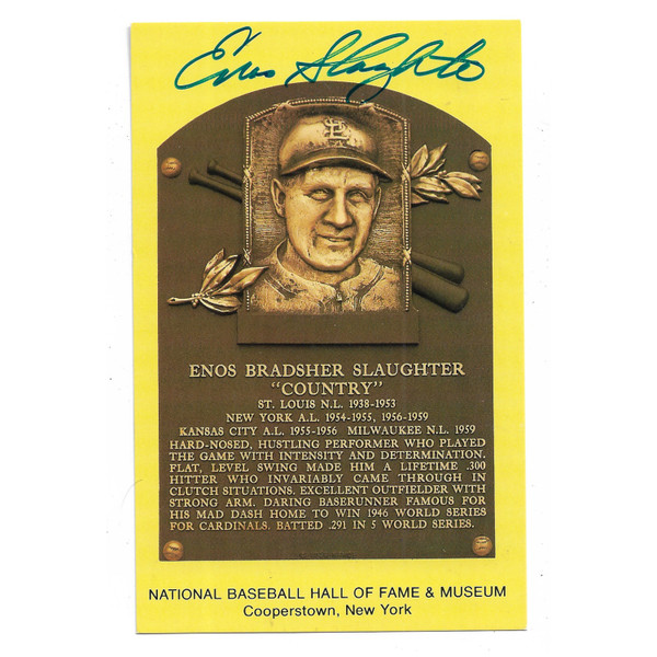 Enos Slaughter Autographed Hall of Fame Plaque Postcard (PSA-98)