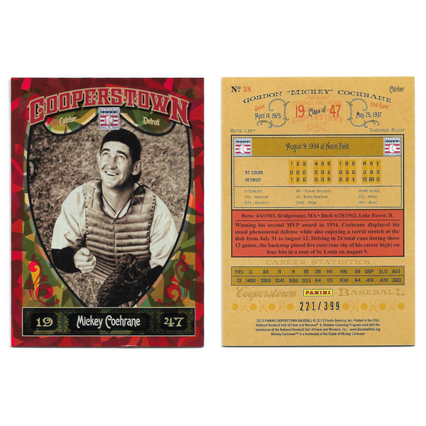 Mickey Cochrane 2013 Panini Cooperstown Red Crystal Collection # 38 Baseball Card Ltd Ed of 399