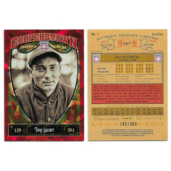 Tony Lazzeri 2013 Panini Cooperstown Red Crystal Collection # 21 Baseball Card Ltd Ed of 399