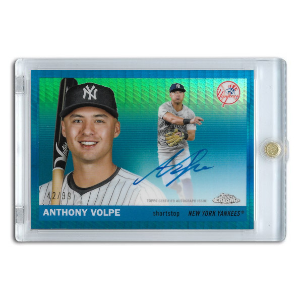Anthony Volpe Autographed Card 2025 Topps Chrome Platinum Anniversary Blue # CPA-AV Ltd Ed of 99