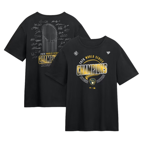 Men’s Fanatics Milwaukee Brewers 2026 World Series Champions Trophy Signature Roster Black Tee
