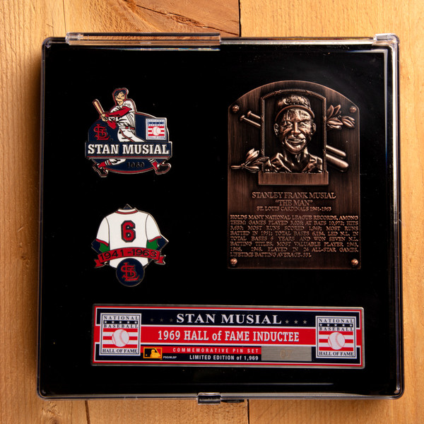Stan Musial Hall of Fame Exclusive 3 Piece Pin Set with Plaque Bust Ltd Ed of 1,969