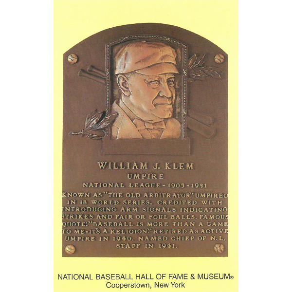 Bill Klem Baseball Hall of Fame Plaque Postcard