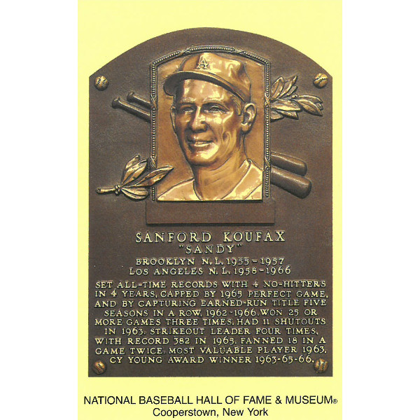 Sandy Koufax Baseball Hall of Fame Plaque Postcard