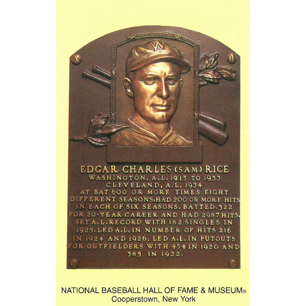 Sam Rice Baseball Hall of Fame Plaque Postcard