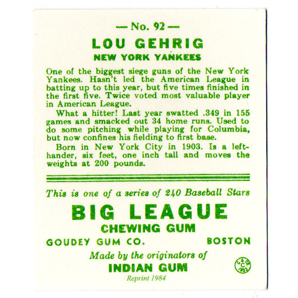 1933 Goudey Lou Gehrig Reprint Rookie Card 1933 Goudey Lou Gehrig Reprint Rookie Card