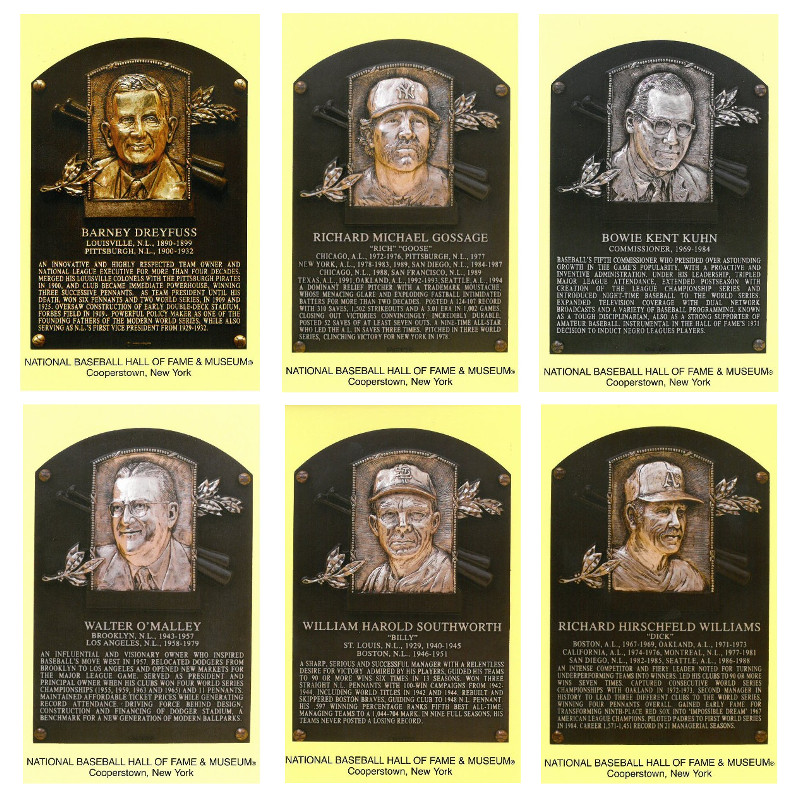 Class of 2008 Baseball Hall of Fame Plaque Postcard Set of 6 (Dreyfus, Gossage, Kuhn, O'Malley, Southworth, D. Williams)