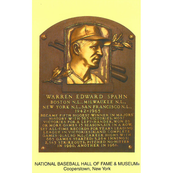 Warren Spahn Baseball Hall of Fame Plaque Postcard