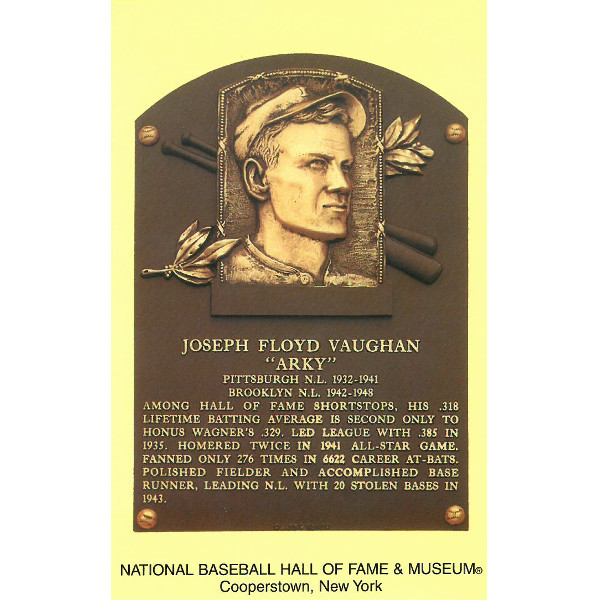 Arky Vaughan Baseball Hall of Fame Plaque Postcard Arky Vaughan Baseball Hall of Fame Plaque Postcard