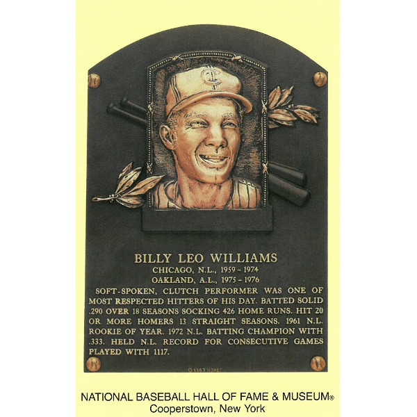 Billy Williams Baseball Hall of Fame Plaque Postcard