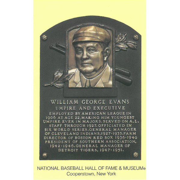 Billy Evans Baseball Hall of Fame Plaque Postcard