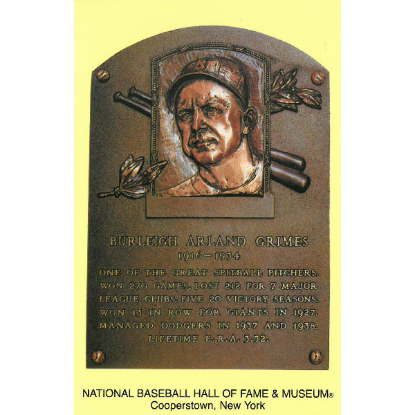 Burleigh Grimes Baseball Hall of Fame Plaque Postcard Burleigh Grimes Baseball Hall of Fame Plaque Postcard