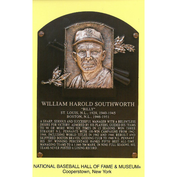 Billy Southworth Baseball Hall of Fame Plaque Postcard Billy Southworth Baseball Hall of Fame Plaque Postcard