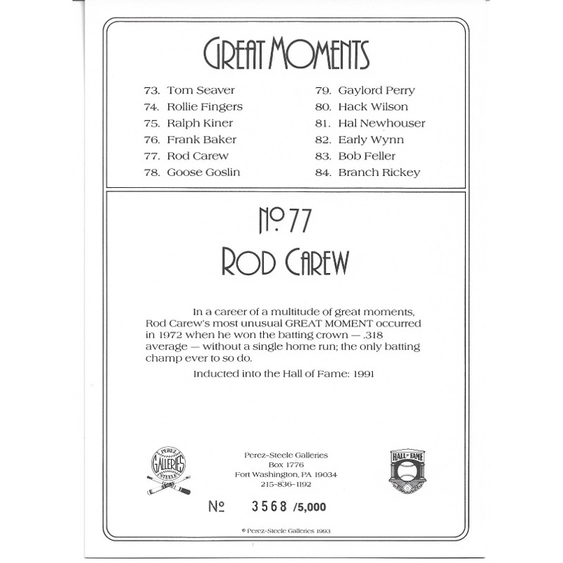 Rod Carew Perez-Steele Hall of Fame Great Moments Limited Edition Jumbo Postcard # 77 Rod Carew Perez-Steele Hall of Fame Great Moments Limited Edition Jumbo Postcard # 77