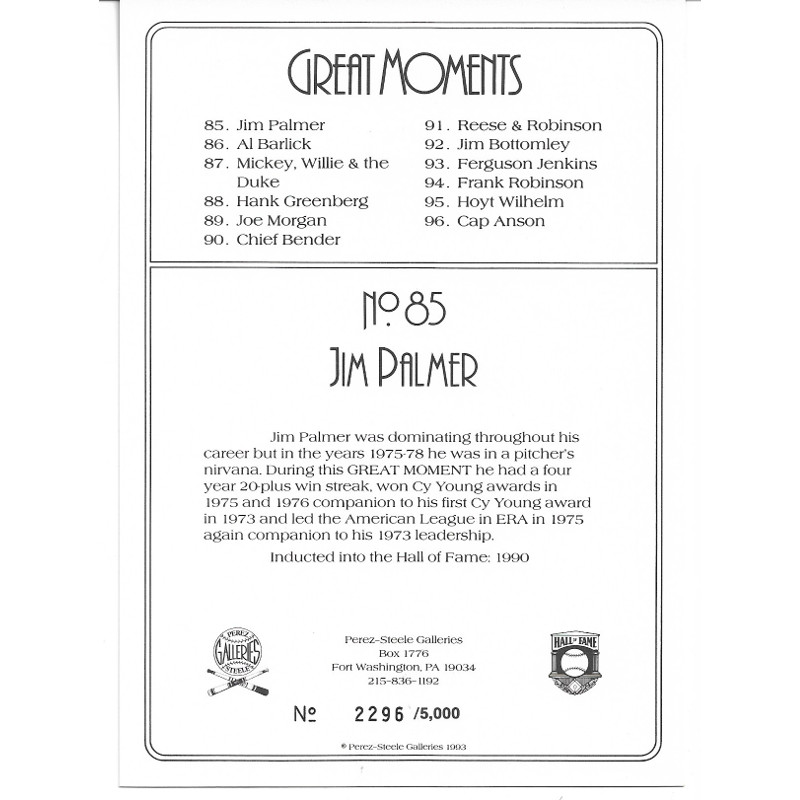 Jim Palmer Perez-Steele Hall of Fame Great Moments Limited Edition Jumbo Postcard # 85