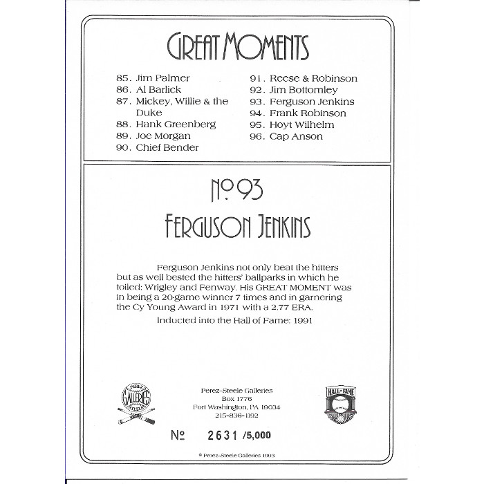 Fergie Jenkins Perez-Steele Hall of Fame Great Moments Limited Edition Jumbo Postcard # 93