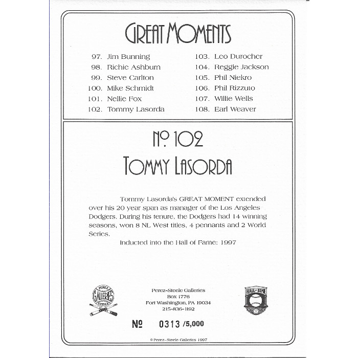 Tommy Lasorda Perez-Steele Hall of Fame Great Moments Limited Edition Jumbo Postcard # 102