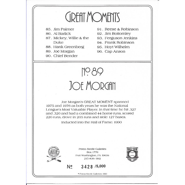 Joe Morgan Perez-Steele Hall of Fame Great Moments Limited Edition Jumbo Postcard # 89