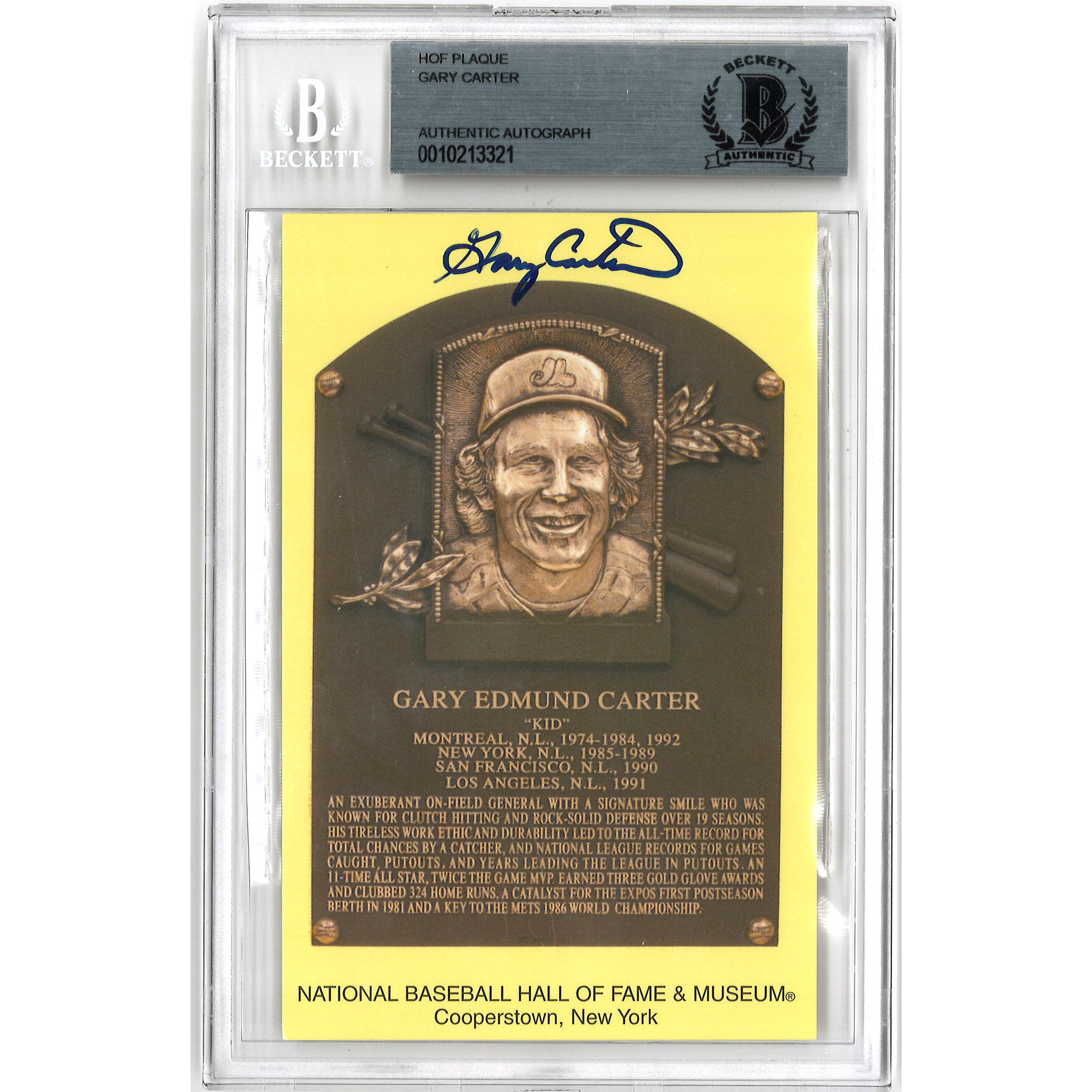Gary Carter Autographed Hall of Fame Plaque Postcard (Beckett-21)