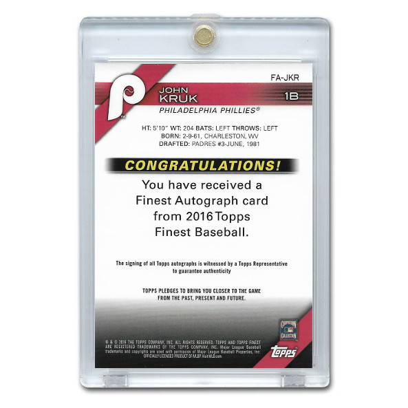 John Kruk Autographed Card 2016 Topps Finest Autograph