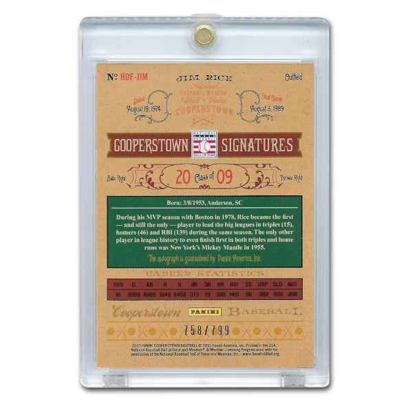 Jim Rice Autographed Card 2013 Panini Cooperstown Signatures Ltd Ed 799