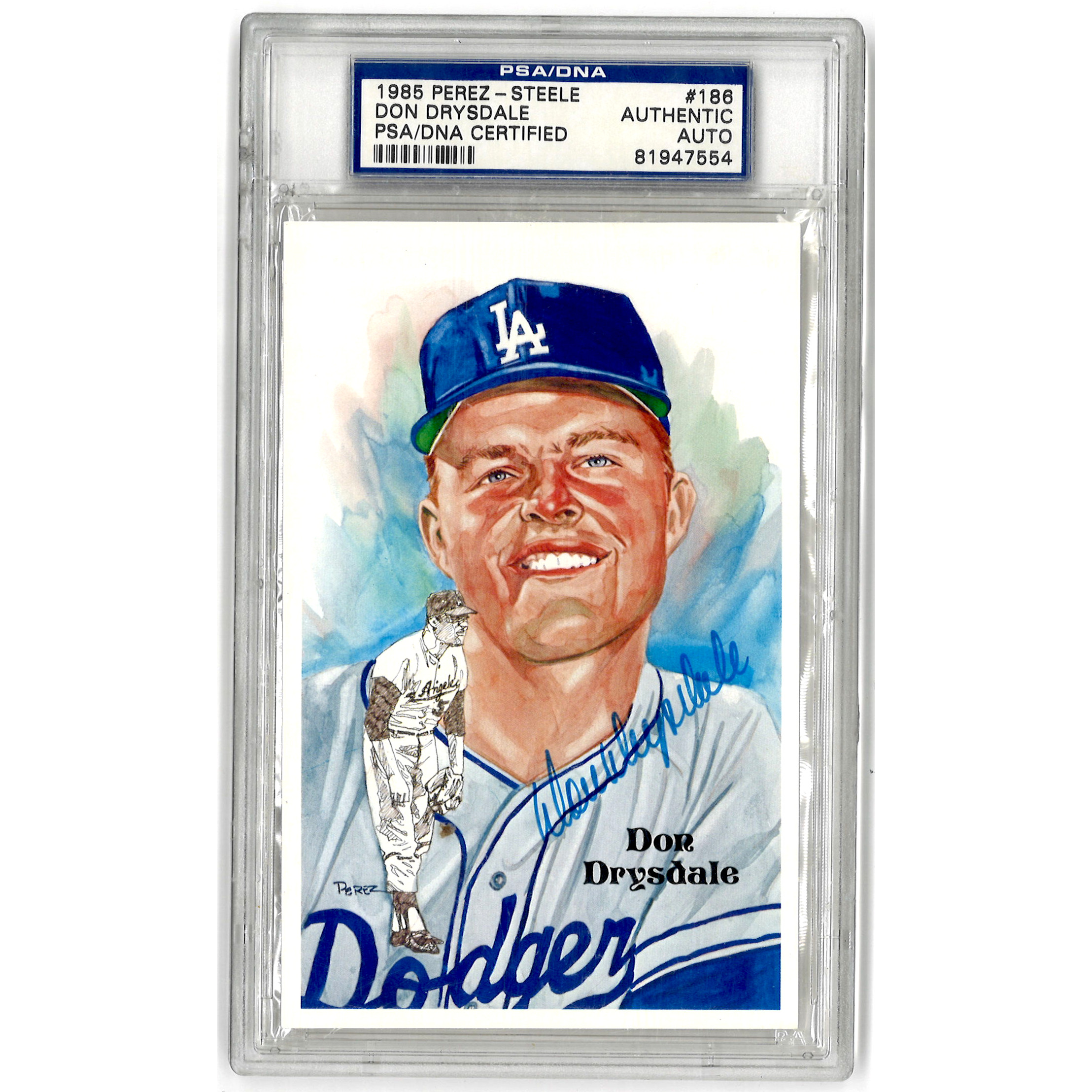 Don Drysdale Autographed Perez-Steele HOF Series Postcard # 186 (PSA-54)