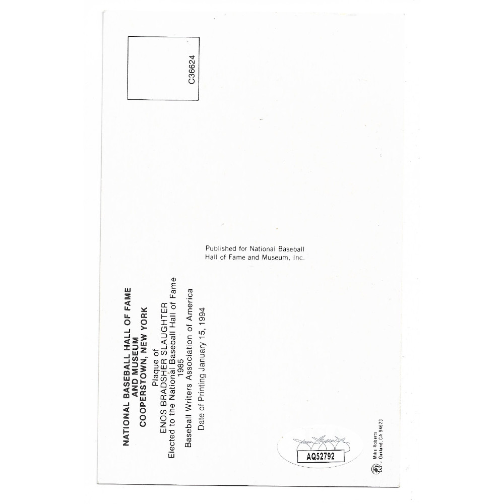 Enos Slaughter Autographed Hall of Fame Plaque Postcard (JSA-92)