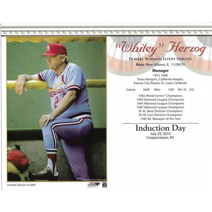 Whitey Herzog St. Louis Cardinals 2010 Hall of Fame Induction 8x10 Photocard